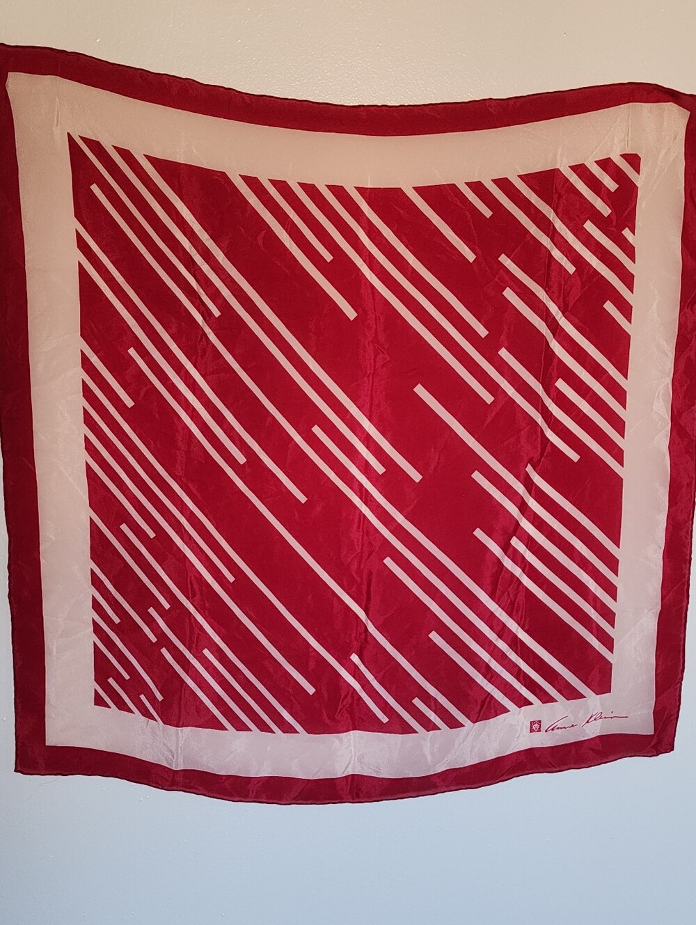 Vintage Anne Klein Scarf 25×25 Inches Red Color Geometric Pattern Silk Luxury